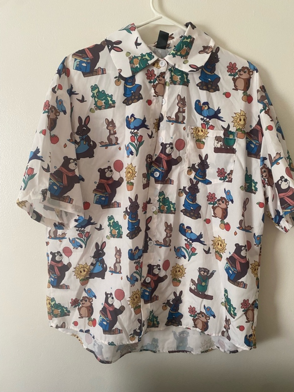 “DAZY Animal Print Button Up Blouse Cute Whimsical Short Sleeve Top”